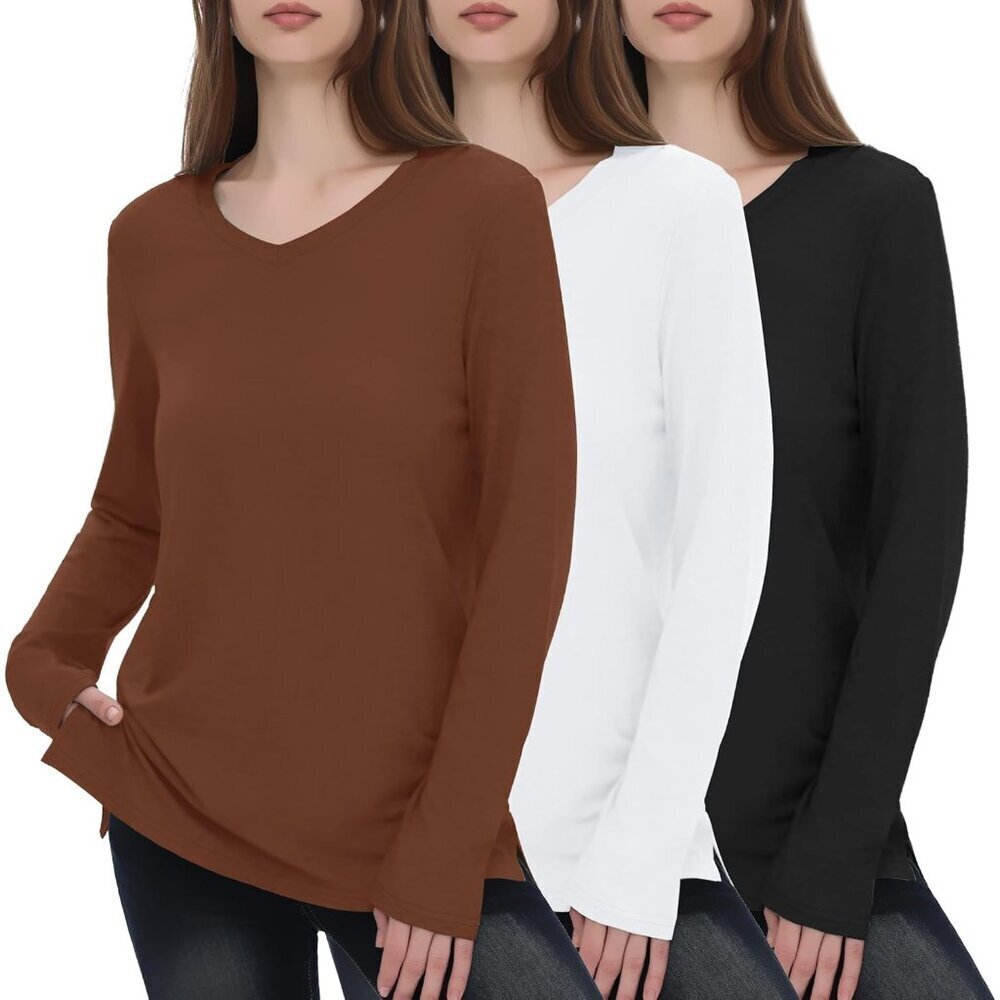 Women Long Sleeve V Neck Shirts 3 Pack Soft Fabric Casual Fall Outfits